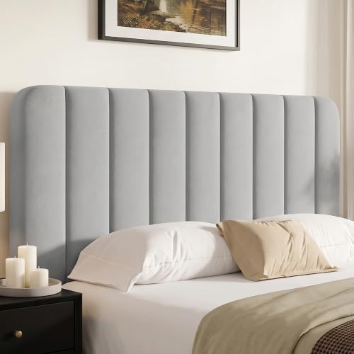Image of VECELO Queen Size Bed Frame with Upholstered Headboard, Velvet Platform Bedframe Mattress Foundation, Strong Wood Slat Support, No Box Spring Needed,Light Grey