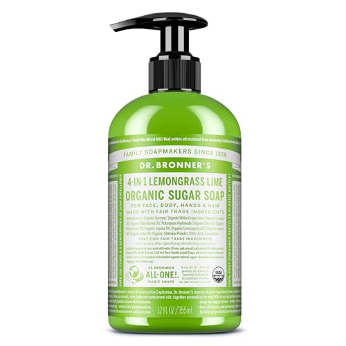 Dr. Bronners Organic Sugar Soap (Lemongrass 12 Ounce) - Made with Regenerative Certified Organic Oils Sugar & Shikakai Powder 4-in-1 Use: Hands Body Face and Hair- Liquid Soap Nourishes