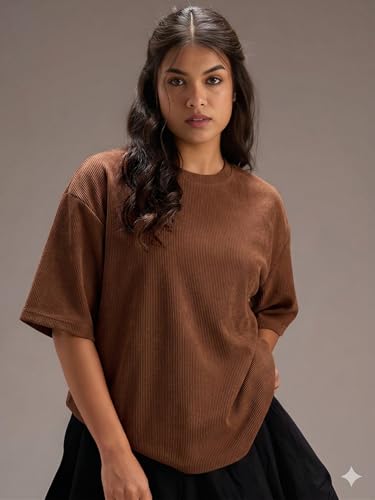 Image of RodZen Women Half Sleeve Polycotton Rib Textured Oversized Tshirt|Drop Shoulder|Loose Fit Tshirt|Stretchable