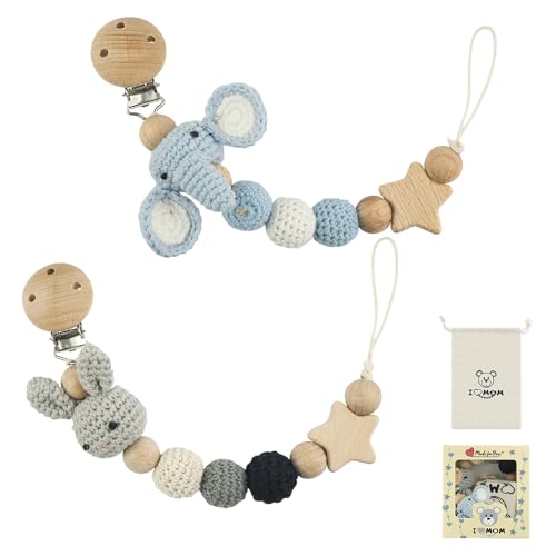 Baby Schnullerkette, 2-in-1 Bibs Schnullerkette mit Geschenkverpackung, 2 Stück Handgemachte Schnullerkette Holz, BPA Frei Langlebig Trinkbecher Halteriemen (Elefant Kaninchen)