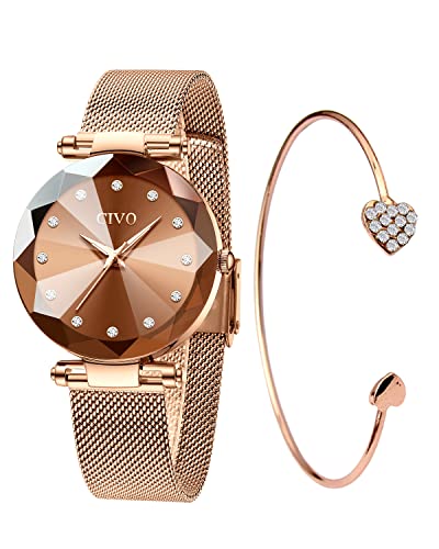 CIVO Montre Cadeau Luxe pour Elle: Set Montre avec Bracelet Milanais Ajustable | Cadran Rond Élégant au Design et Incrustations Cristal