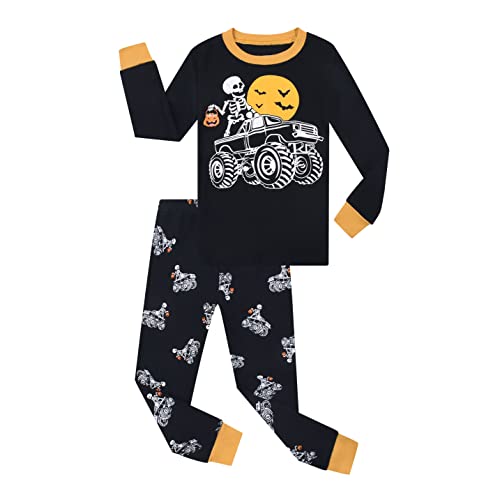 Benaive Boys Halloween Pajamas Glow In Dark Skeleton Pjs 100% Cotton Kids Sleepwear Long Sleeves Size 8 Years
