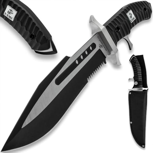 USMC Commando Bowie Knife | 8 1/2-Inch Two-Toned 3Cr13 Stainless Steel Blade | Weight-Reducing Through Holes | Partial Serrated Sawback | Sub Hilt Grip | Rugged Polypropylene Handle | 15