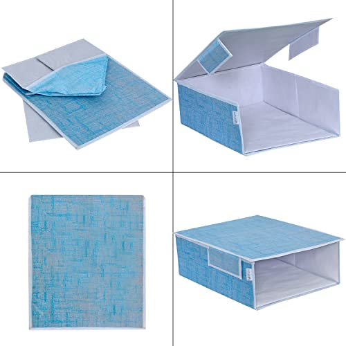Image of PRETTY KRAFTS Stackable Fabric Saree Storage Organizer for wardrobe, Clear front window with Lid, Stackable organizers, Perfect to organize sarees in a wardrobe, Set of 2, Jute Blue Grey