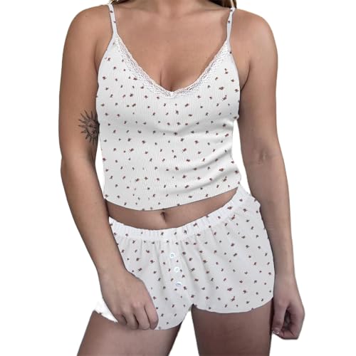Image of Yuemengxuan Women Two Piece Outfits Y2k Boy Shorts Set Sleeveless Crop Top Button Down Shorts Set Loungewear Pajamas Set