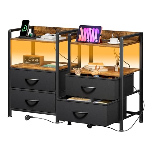 YOUDENOVA Nachttisch 2er Set mit LED-Beleuchtung, Lichtfarbe und Modus Wechselbar, Nachtschrank mit Steckdose, 2 Schubladen und 2 Offene Regale, Nachttische Modern, Vintage Braun