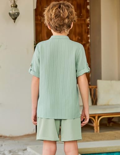 Image of Arshiner Boy's 2 Piece Beach Outfit Short Sleeve Textured Button Down Shirt and Short Sets Summer Vacation Wear 4-12 Years