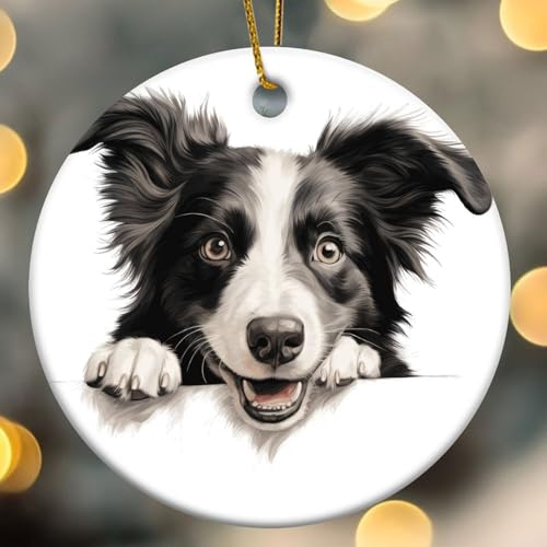 Peeking Border Collie Weihnachtsbaumschmuck Hund und Katze Liebhaber Tier Rund Porzellan Anhänger Keramik Porzellan Hängende Weihnachtskugel Geschenk für Urlaub Weihnachtsbaum Party Dekorationen