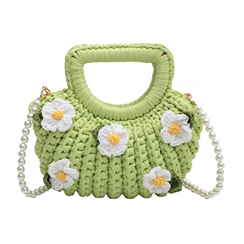 Small Crossbody Bag for Women Crochet Purse with Flower Hand Knitting Cute Boho Bag (Green)