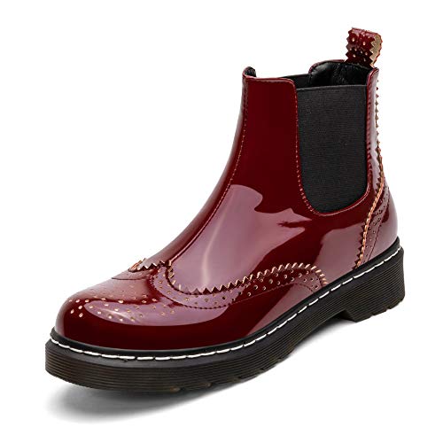 Kitlnno Women'S Patent Leather Platform Chelsea Boots Flat Heel Wingtip Brogue Boots Slip On Ankle Boots & Booties Thick Sole Elastic Boots (Claret, 9)