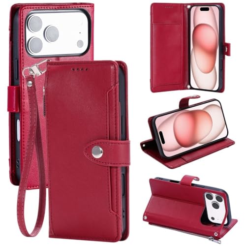 Étui iPhone 17 cuir rouge avec pochette fermeture éclair à rabat