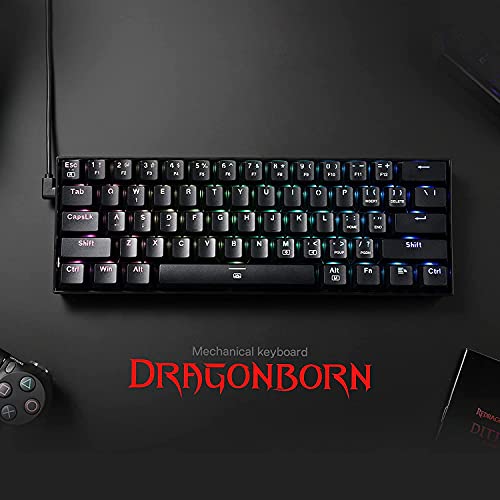 Redragon K630 Dragonborn Tastiera da gioco RGB cablata al 60%, tastiera meccanica compatta a 61 tasti con interruttore tattile blu, supporto driver professionale, nero, US LAYOUT - Immagine 1