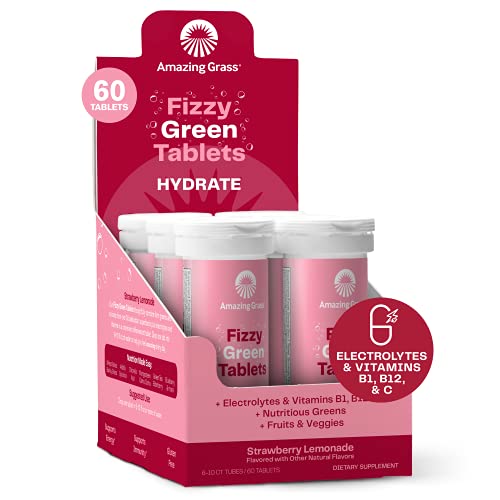 Amazing Grass Electrolyte Tablets, Fizzy Greens Water Flavoring Tablet with Vitamins, Hydrate Strawberry Lemonade, 10 Count (Pack of 6) (Packaging May Vary)