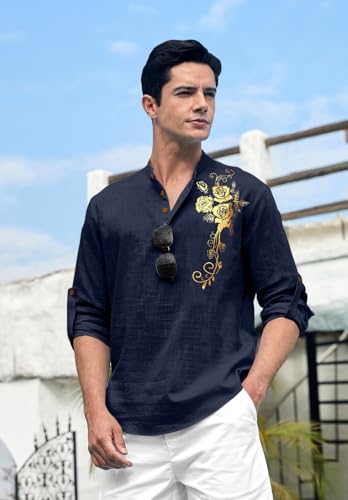 Image of Zombom Men's Cotton Polyester Blend Mandarin Collar Self One Design Printed Full Sleeve Casual Short Kurta Shirt