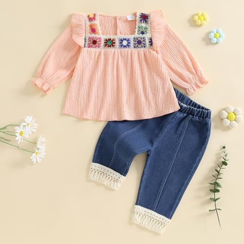 VISGOGO Toddler Baby Girl Crochet Outfit Floral Crocheted Camisole Top Linen Tassel Bohemian Floral Tops + Denim Pants Set4