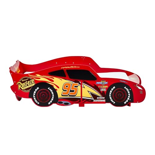Disney Cars Lightning McQueen Kleinkinderbett: stabile Konstruktion, geschützte Seiten, Holzlatten, hellrot, passend für 140 cm x 70 cm Matratze (Matratze Nicht im Lieferumfang enthalten)