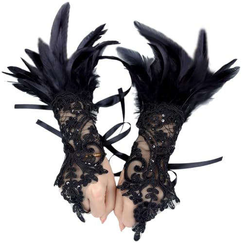 yefiuo Black Lace Gloves Wrist Sleeve,Feather Fashion Hand Sleeve Lace Elastic Bracelet Hook Finger Gloves for Halloween,Wedding,Tea Party,Masquerade,Nightclub,Daily Cuff Decoration Ma'am Girls