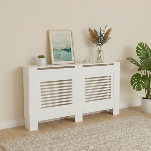 Buybyroom Buffets Altos, Cubierta Radiador, Cubierta Radiador Madera, Lattes Horizontales, para Salón, Dormitorio, Pasillo, 152 X 19 X 82 cm, MDF Blanco