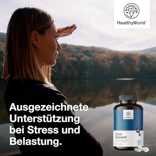 HealthyWorld Cortisol Support - 180 Kapseln - Ashwagandha, Rosenwurz, L-Theanin, Zink, Schwarzer Pfeffer, Vitamin C1, B1, B5, B6 - für das Hormongleichgewicht - vegetarische Formel