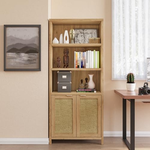 Bookshelf, 71″ Tall Bookcase with Doors, 5 Tier Wooden Bookshelf Open Shelf Bookcase, Modern Farmhouse Bookshelves for Office,Library, Living Room