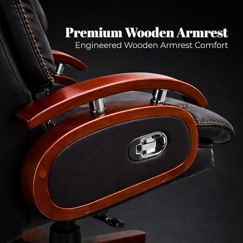 Image of High Back Leatherette Office Chair for Director & Executive | Wooden Base, Recliner, Swivel, Height Adjustable CEO Chair | 5 Years Warranty & Free Assembly