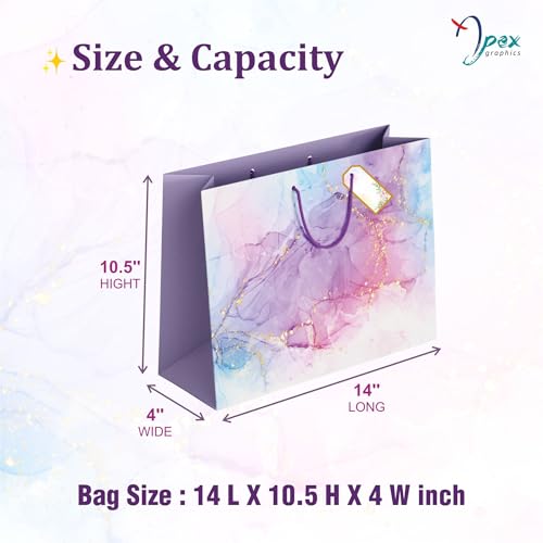 Image of Apex Graphics Large Gift Bags - Purple Paper Bags for Gifting with Tissue and Tag - Carry Bags for Return Gift Birthday Wedding Party - 14 x 10.5 x 4 Inch - Pack of 5