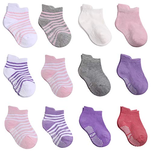 12 Pairs Non-Slip Toddler Socks Grip Ankle Socks Anti-Slip Crew Socks for Baby Boys and Girls Infant Newborn and Kids (Girls 2, 6-12 Months)