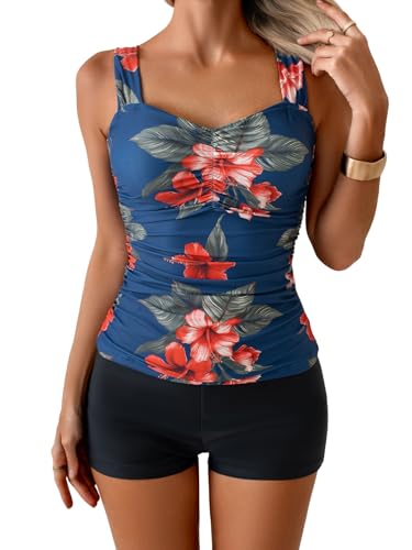 Image of B2prity Women's Tankini Swimsuit Tummy Control Ruched Two Piece Bathing Suit Push Up Modest Swim Suits with Shorts