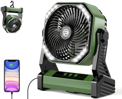 AddAcc 20000mAh Battery Operated Fan, Portable Camping Fan with Light and Hook, Rechargeable Desk Fan, 270° Pivot 4 Speeds Battery Powered Outdoor Fan for Tent Car Travel Sleep Hurricane Power Outages
