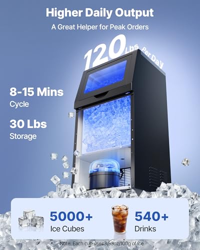 Image of VEVOR Commercial Ice Maker Machine with Pump, 120 lbs /24h with 30 lbs Storage Capacity, Built-in /Freestanding /Under Counter, Stainless Steel Ice Maker with LED Display & Self-Cleaning, for Home Bar
