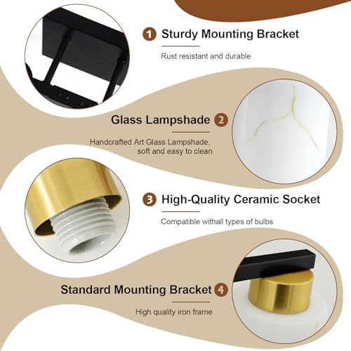 Image of 3-Light Bathroom Light Fixtures, Modern Vanity Lights, Black and Gold Metal Wall Lamp with White Marble Glass for Bathroom, Mirror, Living Room, Bedroom, Cabinet, Porch, Hallway, E26 Base