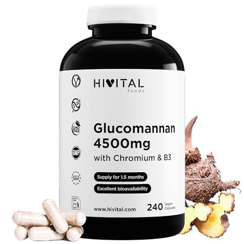 Glucomannan 4500 mg. 240 vegane Kapseln für 1,5 Monate Kur. Glucomannan aus der pflanzlichen Faser der Konjakwurzel mit Chrom und Vitamin B3. Hergestellt von HIVITAL