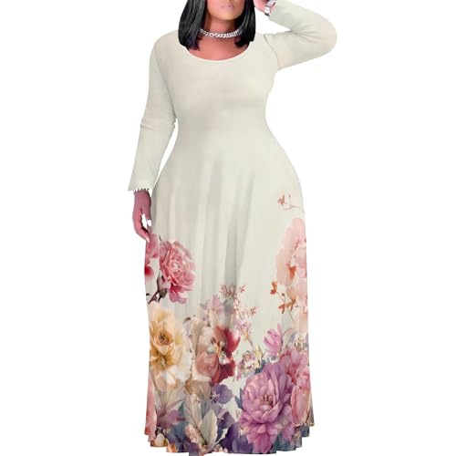 Image of PinkPatty Plus Size Maxi Dress for Curvy Women Crew Neck Long Sleeves Casual Dress Vacation Sundresses with Pockets