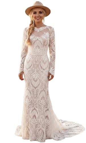 Lanbaodress Ivory Lace Boho Wedding Dress 2026 Long Sleeve Mermaid Beach Bridal Gown with Sweep Train B Size 8