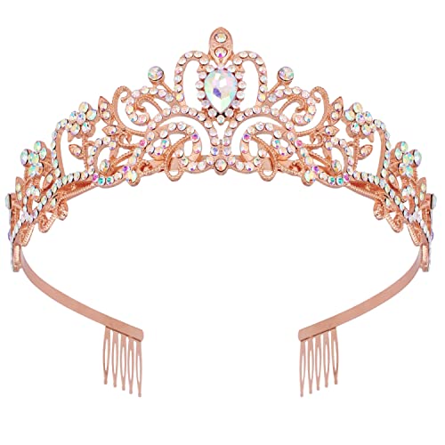 Tiaras and Crowns for Women, Aprince AB Crystal Rose Gold Crown with Combs Colorful Rhinestone Hair Accessories Princess Tiaras Queen Crowns for Women's Birthday Prom Wedding Party Halloween Costume