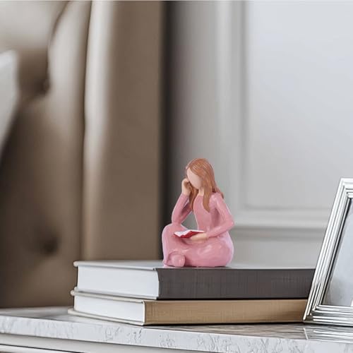 Estatua decorativa rosa mujer leyendo en resina miniatura 3