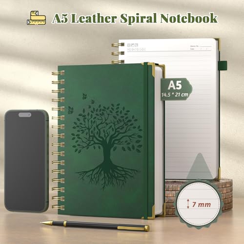 Notizbuch A5 Liniert, Hardcover Leder Spiral Journal mit Stift, 240 Seiten 100gsm dickes Papier, College Ruled Journal Notebook für Frauen Männer Schreiben Schule Büro, 14.5 x 21cm- Dunkelgrün