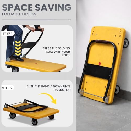 Image of Robustt 200 Kg Heavy-Duty Foldable Platform Trolley (Yellow) | Plastic Hand Truck with 360 Rotating Wheels & Cushioned Grip | Material Handling Cart for Home, Office, Warehouse & Industrial Use