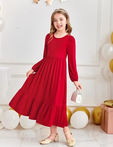 Image of Arshiner Girls Maxi Dresses Lantern Long Sleeve Casual Holiday Dress with Pockets for 5-14 Y