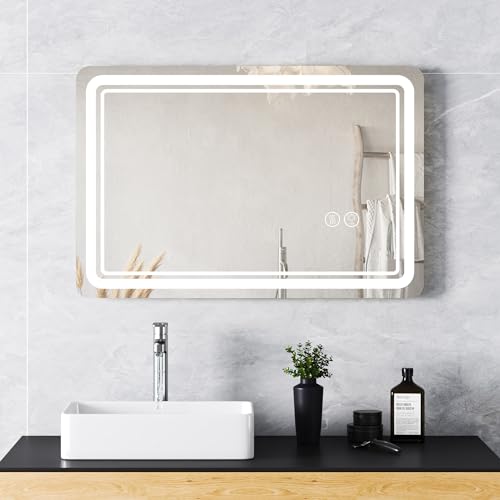 Lvifur Specchio Bagno con Illuminazione, 80 × 50 CM LED Specchi da Parete Interruttore Tattile...