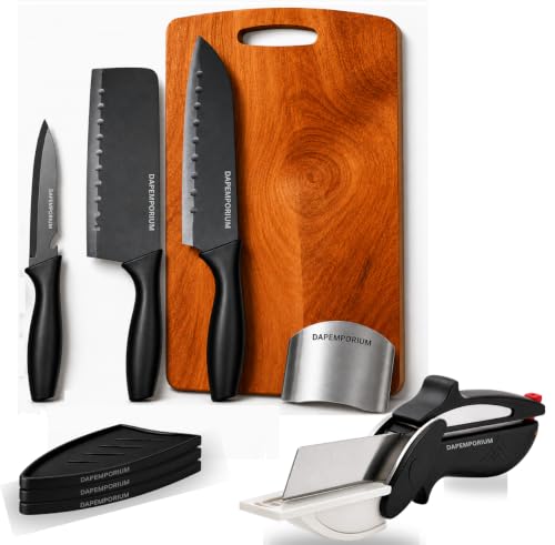 Image of Kitchen Knife Set with Wood Board, Slicer Cutter & Finger Guard (6 Pcs Set) | 3-Pcs Stainless Steel Knives for Veggis, Fruit & Meat Cutting, Sharp Durable Blades with Cover Cooking Knives for Kitchen