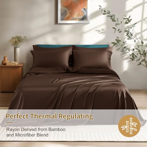 Image of Shilucheng 6 Piece Queen Sheet Sets, Cooling Sheets, Blend Rayon Derived from Bamboo, Deep Pocket Up to 16 inch, Breathable & Soft Bed Sheets, Hotel Silky Bedding Set, Brown