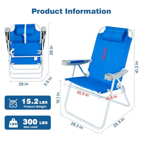 Image of SUNNYFEEL Oversized Tall Folding Beach Chair Lightweight, 17 inch Portable Sand Chair for Adults Heavy Duty with Cup Holders and Headrest, Foldable High Camping Lawn Chairs for Camp /Outdoor /Picnic /Sports
