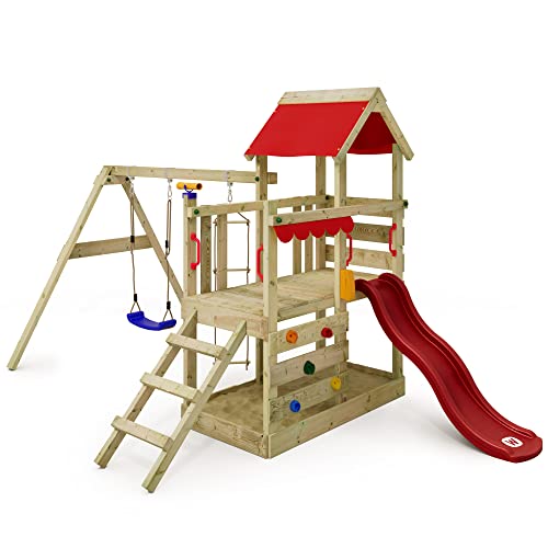 WICKEY Aire de Jeux TurboFlyer portique en Bois avec balançoire et Toboggan Rouge, Tour d'escalade pour Enfants avec bac à Sable, échelle et Accessoires de Jeu pour Le Jardin.