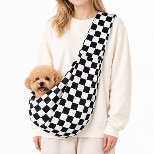 Dog Sling Carrier for Small Dogs and Cats 516 lbs Puppy Carrier Sling with Safety Hook and Storage Pocket Hands Free Pet Carrier Purse for Travel Walking Shopping (Ebony Check)