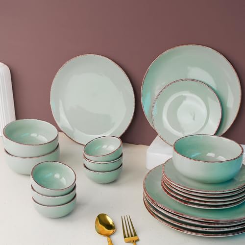 Image of The Earth Store Handcrafted Glossy Mint Marble Ceramic Dinner Set, 21 Pieces Serving for 6, Microwave and Dishwasher Safe, Bone-Ash Free, Crockery Set for Dining and Gifting