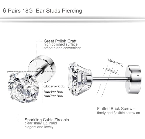 ORAZIO 6Pairs Hypoallergenic Flat Back Earrings 316L Stainless Steel Studs for Sensitive Ears, 3-8mm Cubic Zirconia, Stylish Jewelry for Women Men - Silver2