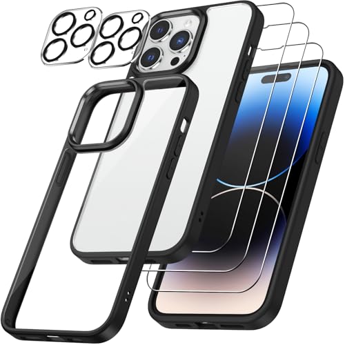 Emetok 6 in 1 iPhone 14 Pro Hülle und Schutzglas Set - Nie-Vergilbung, Schutzhülle Mit 3x Displayschutz und 2x Kameraschutz, Klare Rückseite (Schwarz Rahmen)