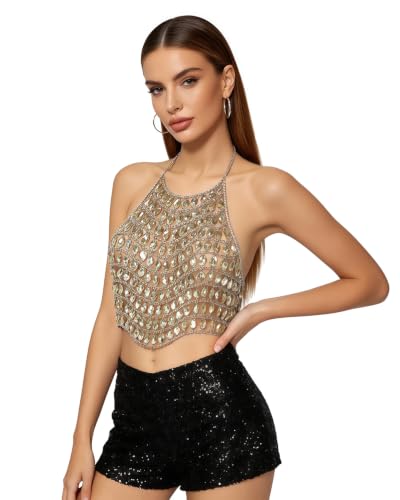 Image of AIBEARTY Women's Sexy Multi-Layer Metal Chain Crop Tops Hollow Out Halter Backless Tassel Camisoles for Rave Party Club