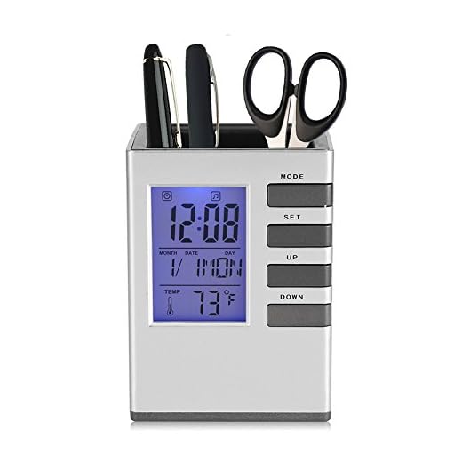 Fdit Multifunctional LED Desk Clock, Digital LCD Screen Alarm Clock Pen Holder Temperature Display for Home Office